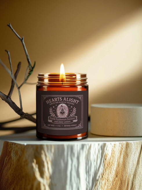 A circular, dark amber glass jar candle with a solid gold-colored metallic lid. The glass jar has a large, rectangular black label with a light-colored decorative border and ornate scrollwork. The label features the title "Hearts Alight" at the top in elegant script and lists the scent notes "Exotic Cardamom, Coconut, and Zesty Lemon" below it. A single white cotton wick with a lit flame is visible, centered within the wax. The wax itself is a rich, warm, orange-amber color, consistent with the jar's hue.
